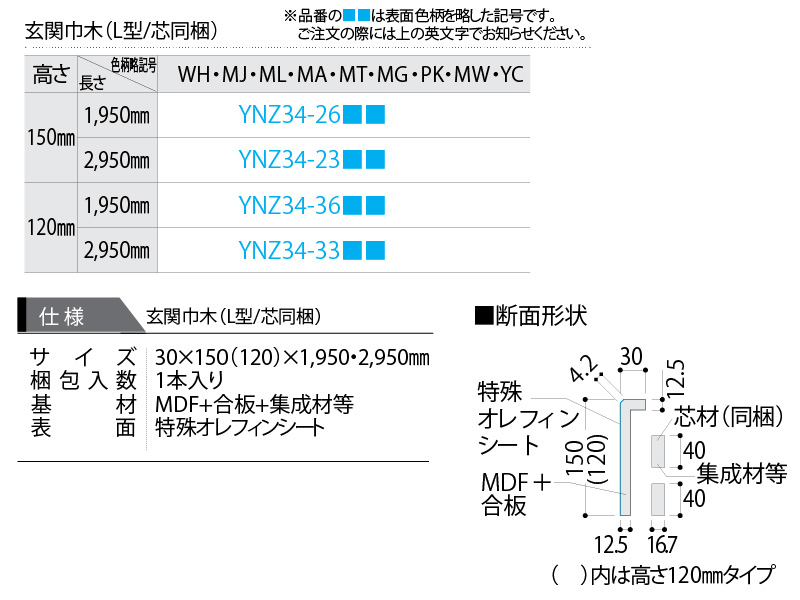 玄関造作材 スタンダード 玄関巾木 L型 芯同梱 高さ120mm 1950mmタイプ