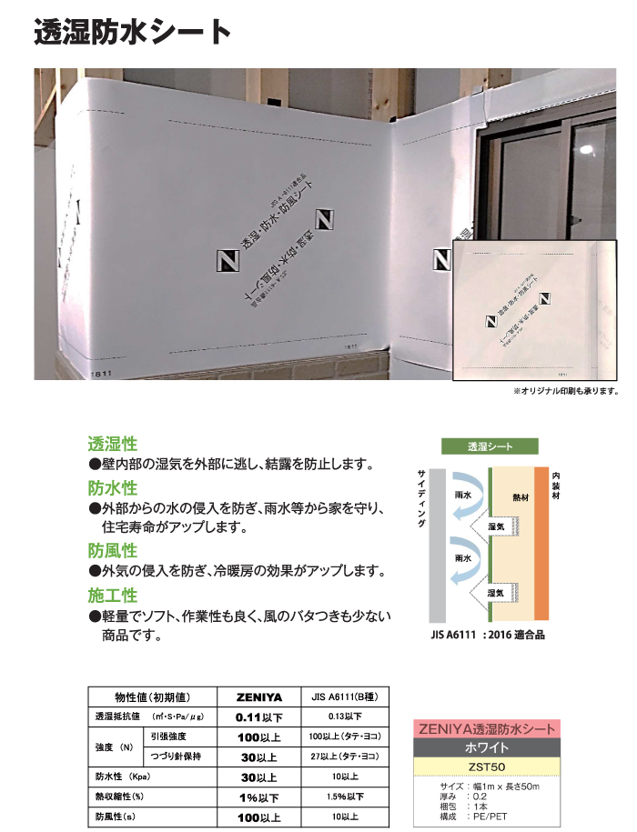 透湿防水シート 1巻 1ｍ×50ｍ巻 ホワイト ZST50【ZENIYA】☆送料無料☆ : 915-zst50 : 住材マーケット - 通販 -  Yahoo!ショッピング