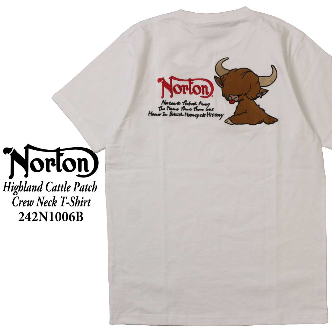 Norton ノートン 服  半袖 Tシャツ 242N1006B ハイランドキャトル ワッペン Tシャツ クルーネック アメカジ バイカー バイク メンズ ロゴ｜k-aiya｜02