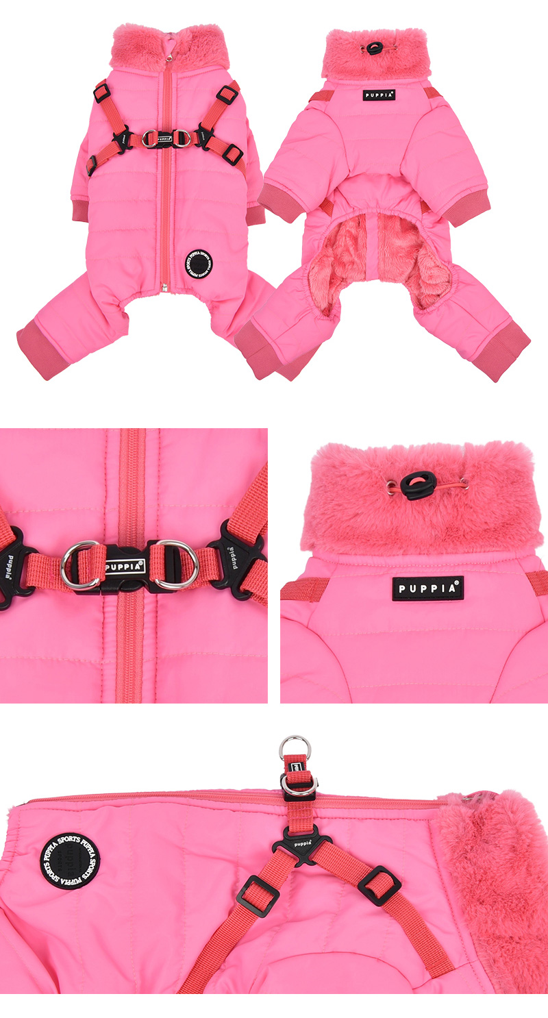 ［puppia］防寒ジャンプスーツ ピンク 冬服 犬服 Mサイズ はっぴーDOG 犬 服 犬服 いぬ 犬の服 ジャケット ハーネス一体型 裏