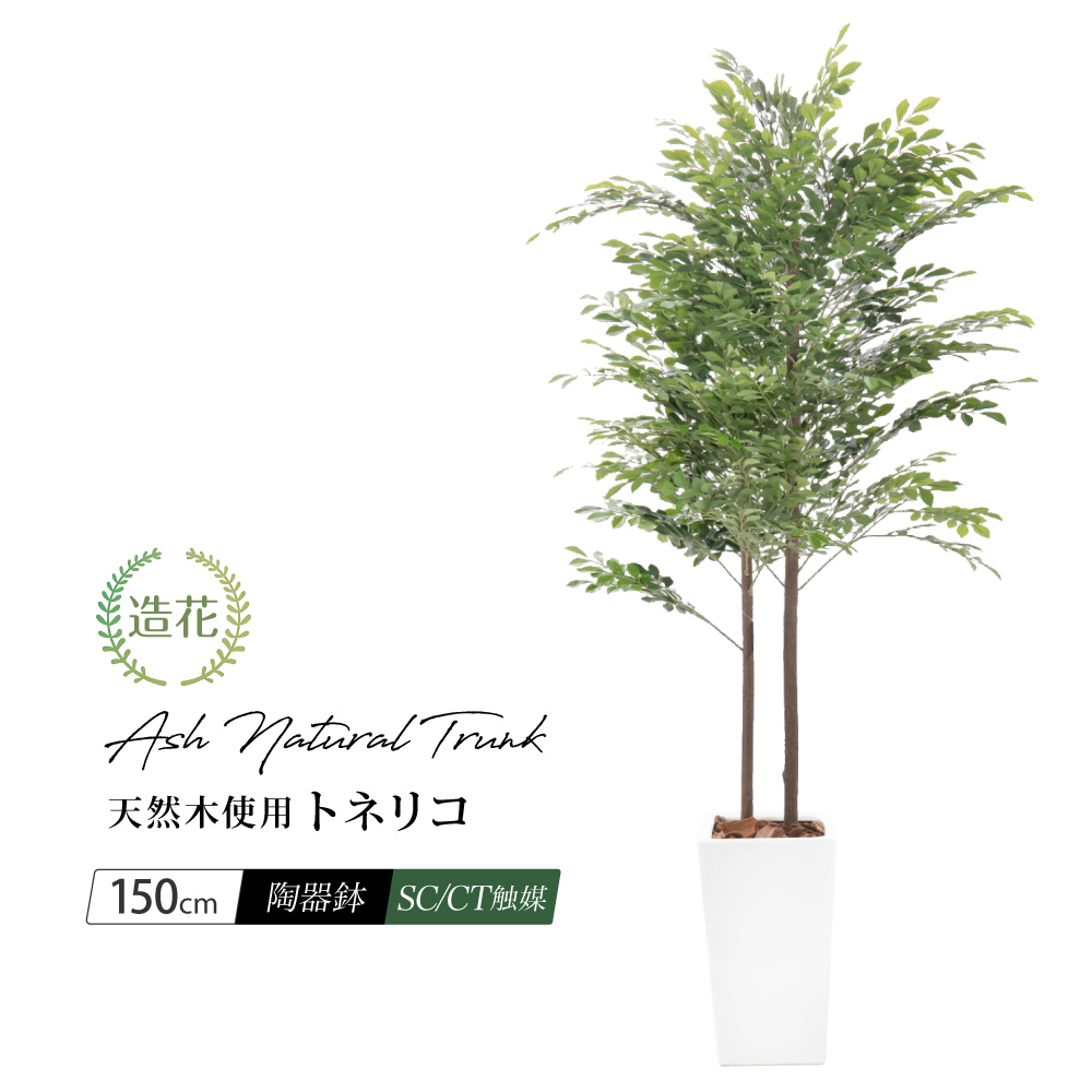 人工観葉植物 造花 大型 トネリコツリー 150cm 鉢植 天然木使用
