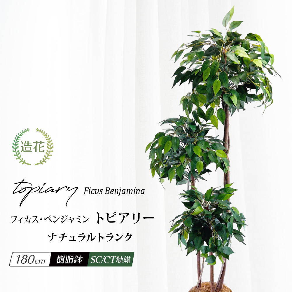 フェイクグリーン 人工観葉 大型 光触媒 天然木 リアル おしゃれ / ナチュラルトランク フィカス ベンジャミン トピアリー仕立て プラスチック製丸鉢付き 180cm