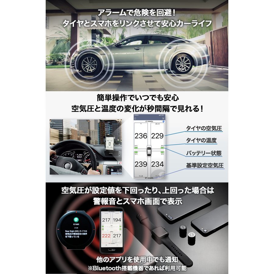 FOBO Tire 2 TPMS 空気圧センサー 車 スマホでチェック タイヤ空気圧監視システム 取付簡単 防水 技適取得 日本語説明書付属