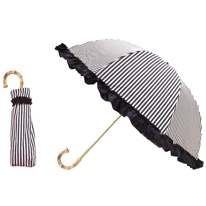 完全遮光2段折傘 日傘 傘 折りたたみ傘 軽量 晴雨兼用傘 UVカット 撥水加工 遮光率100% 遮熱 日焼け レディース フリル ストライプ 普段用  かわいい