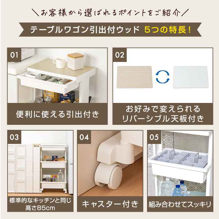 収納ワゴン キッチンワゴン テーブルワゴン3段引出付ウッド サイドワゴン 雑貨収納 キッチン収納 リビング ランドリー 収納ケース リセスタイル 日本製 | JEJアステージ | 04