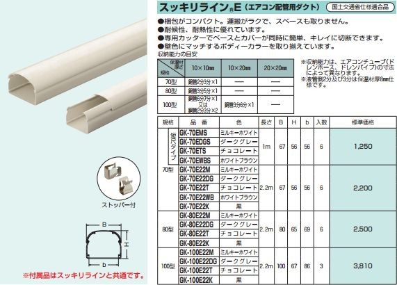 P】未来工業 GK-70ETS 1本 スッキリラインE エアコン配管用ダクト 短尺