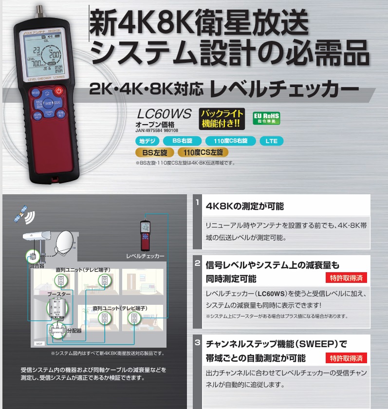 DXアンテナ LC60WS ハンディーレベルチェッカー 2K・4K・8K(3224MHz
