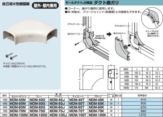 未来工業 MDM-100J 1個 モールダクト付属品 ダクト曲ガリ 100型用