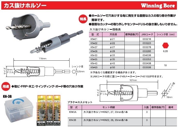 ウイニングボアー/WINNING BORE カス抜けホルソー プラケース入り