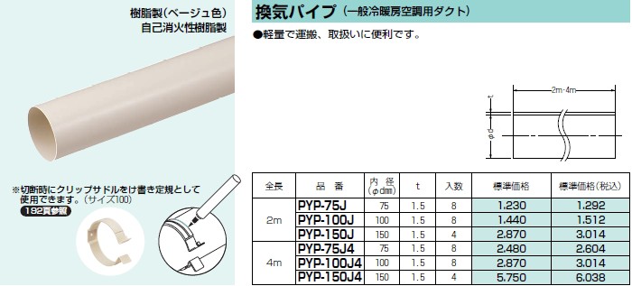 代引不可】【個人宅配送不可】未来工業 PYP-75J 4本 換気パイプ 4本