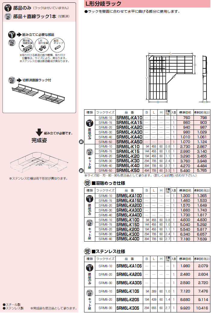 代引不可】【個人宅配送不可】未来工業 SRM6L-K30 1組 L形分岐ラック