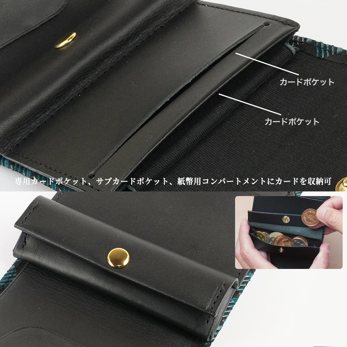 印伝 二つ折り財布 鹿乃香印傳 スリム 折財布 ヌメ革 本革 青