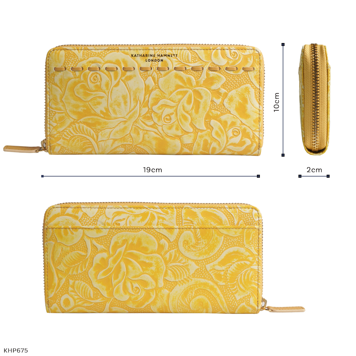 ラウンドファスナー 長財布 キャサリンハムネット KATHARINE HAMNETT LONDON レディース 財布 クラフトローズ 本革 型押し 束入 チョコ イエロー グリーンの画像