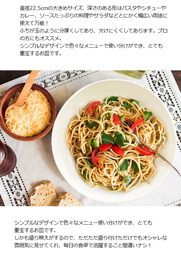 パスタ皿 22.5cm アウトレット 日本製 国産 美濃焼 陶器 玉縁 食器