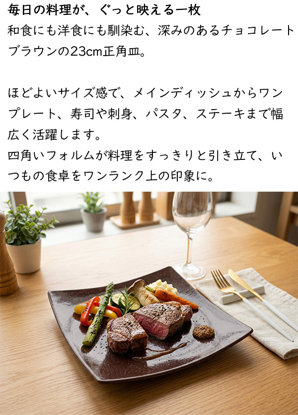 特価品 大皿 正方形 23cm 栗梅茶 チョコレートブラウン 和食器 盛皿 正