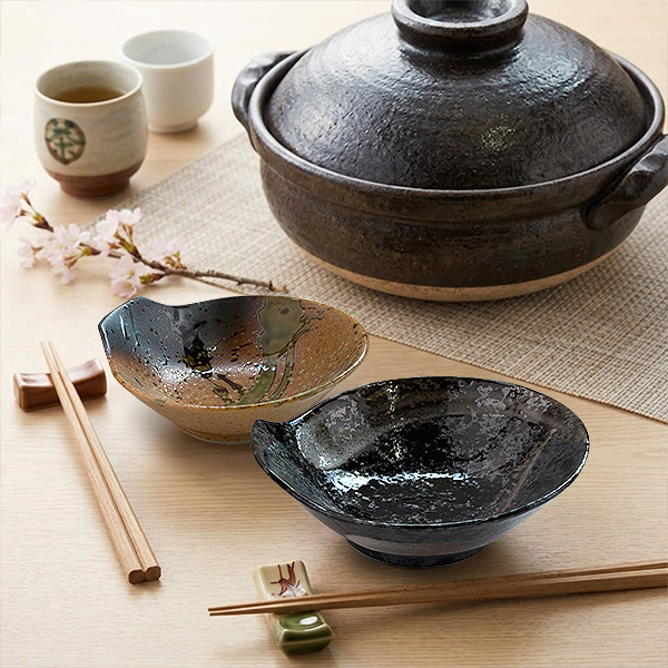 D-5 【趣のある和食器】柄違い小皿・小鉢 12点セット（黒塗箱付き）まとめ売り とんすい 150cc やや小ぶり 小鉢 鍋用取り皿 呑水 トンスイ 黒と茶色