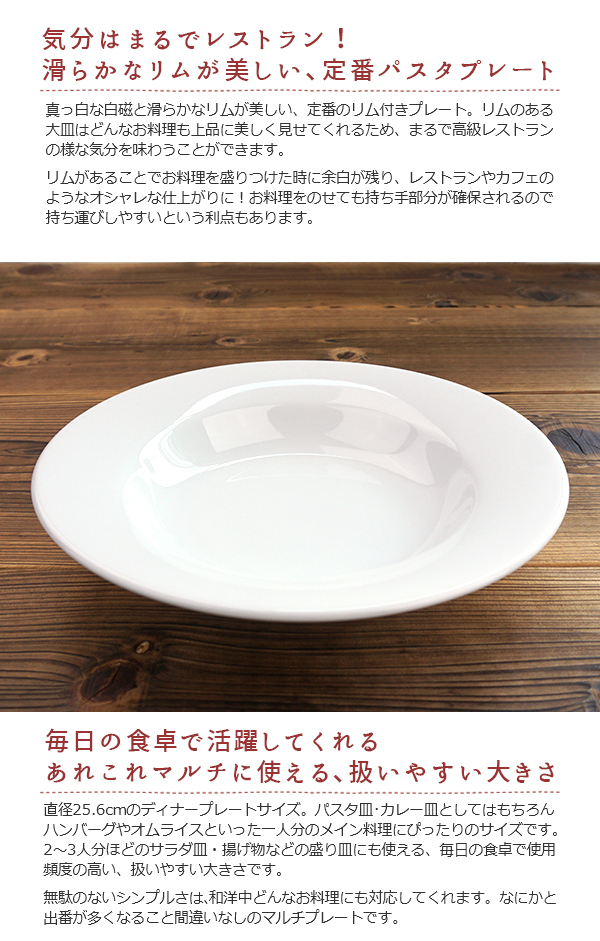 滑らかリム付きパスタ皿 25.6cm アウトレット品 日本製 国産 美濃焼