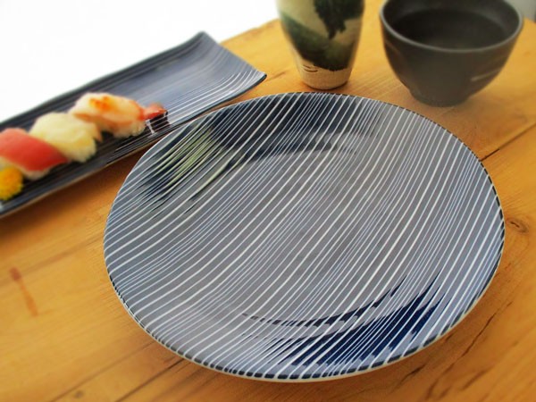 軽量 藍ストライプ特大皿 25.5cm happy collection 日本製 美濃焼