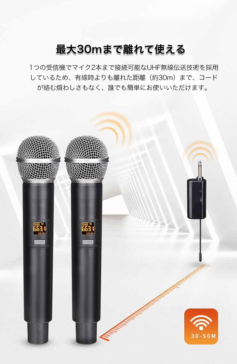 ワイヤレス マイク カラオケ 2本セット UHF ハンドマイク 無線 受信機 セット カラオケ マイク コードレス 充電式 会議 スピーチ 公演  パーティー 3.5mm 6.5mm