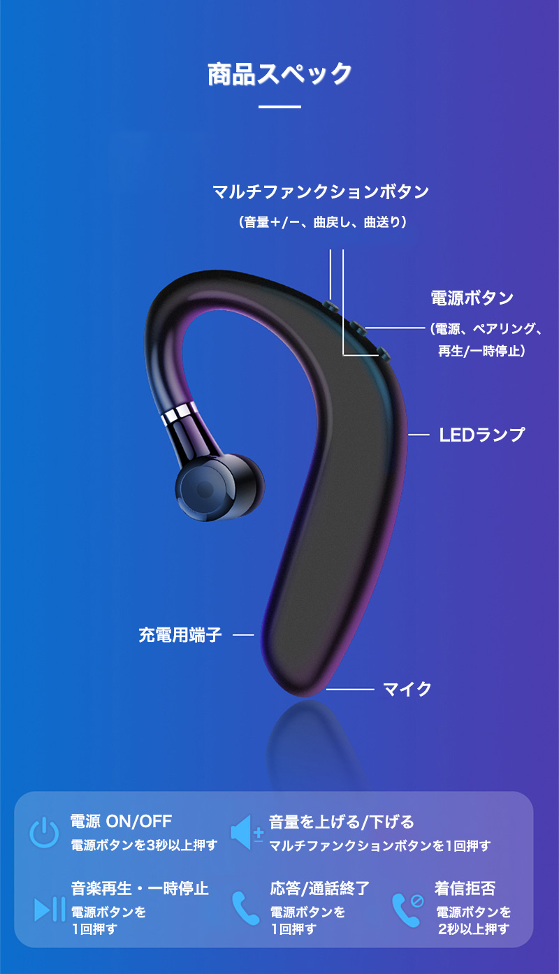 ワイヤレスイヤホン 片耳用 イヤホン bluetooth 5.2 右耳 左耳 完全