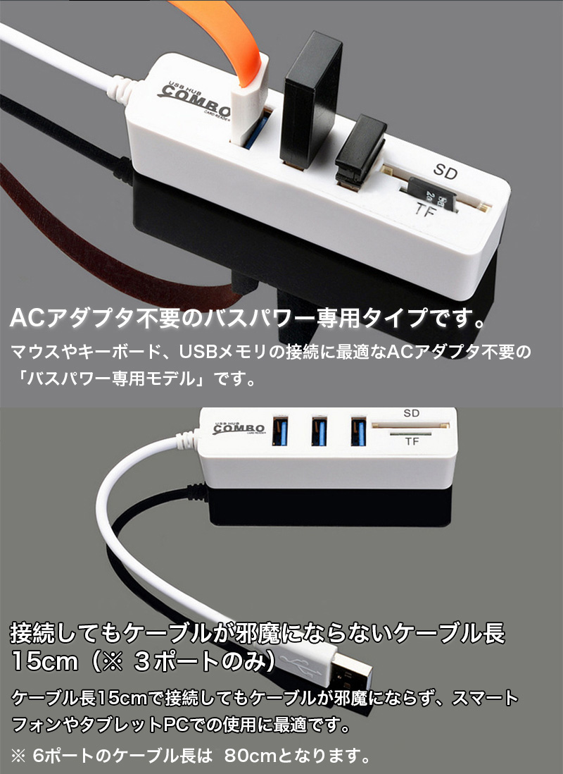 USBハブ typec ケーブル付き 6ポート 3ポート 高速USB接続 コンパクト USB2.0 バスパワー専用 電源不要 SD/microSD カードリーダ機能付き｜k-seiwa-shop｜07