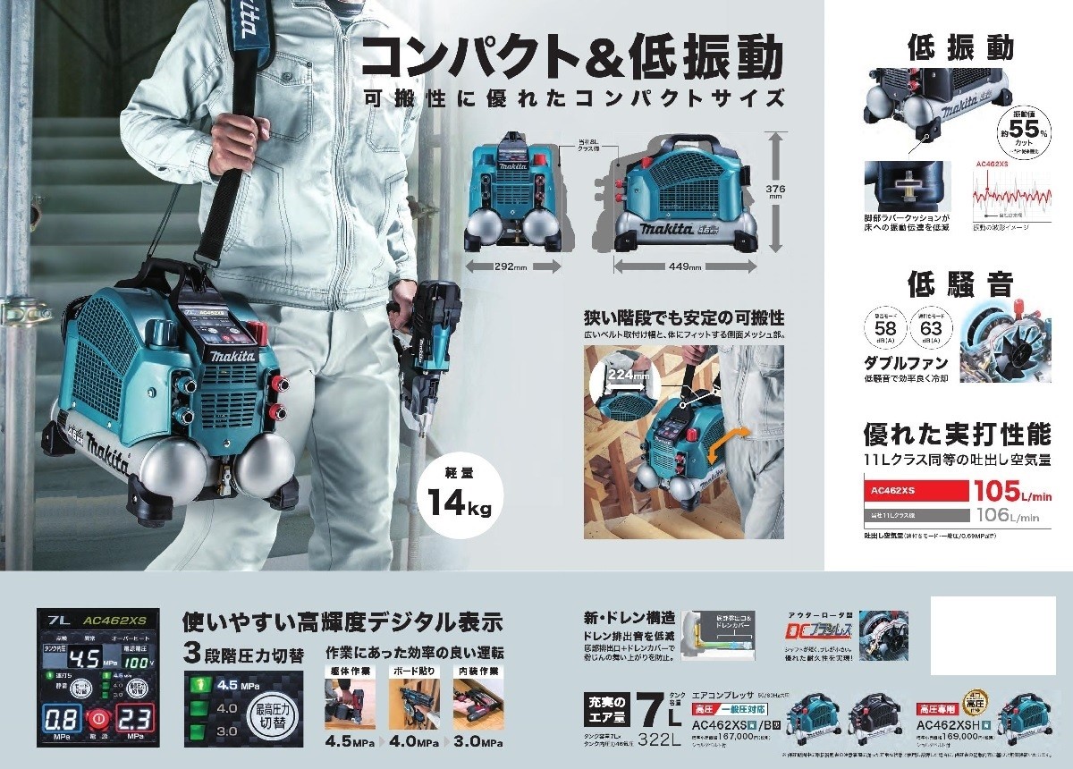 マキタ エアコンプレッサ AC462XSH(高圧専用）7L : ac462xsh : 軽天