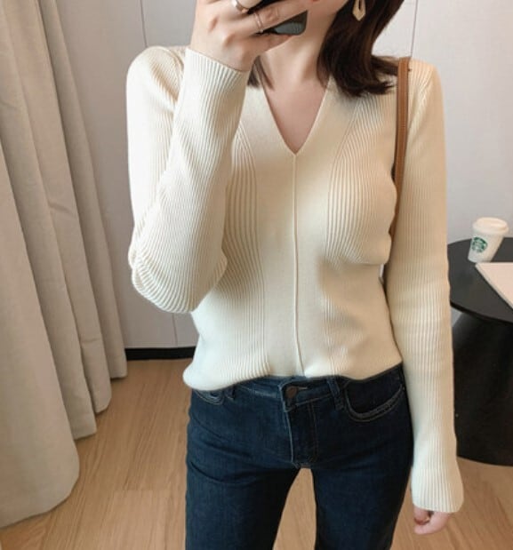 レディースニット 長袖 Vネック リブニット l スリム プルオーバー セーター トップス 秋 冬 大人可愛い 大人女子 カジュアルコーデ シンプルコ