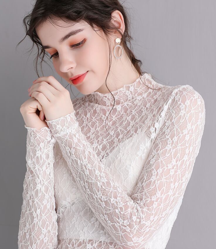 ハイネックレーストップス トップス カットソー 袖あり l ハイネック レース 透け感 シースルー かわいい 大人可愛い きれいめ シンプル カジュア