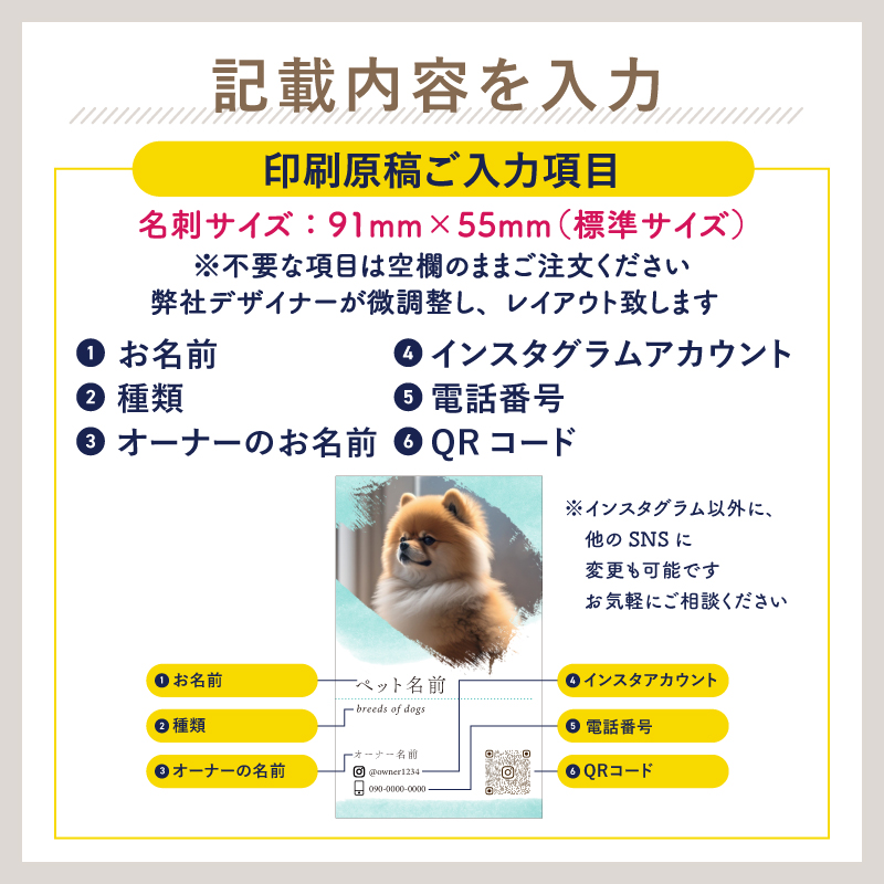 名刺 写真 ペット名刺 プロフィール カード インスタ QR ショップカード 縦型 縦 簡単 カラー コーポレイトカラー おしゃれ かわいい 犬 猫 ペット meishi-pro1｜k-uniform-m｜05