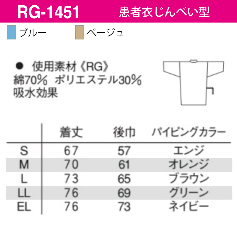 患者衣 じんべい型 ブルー ベージュ 患者着 院内衣 院内着 パジャマ 甚平 男女兼用 介護 入院 快適 ドビー 高級感 吸水 防汚 ナガイ ナガイレーベン RG-1451｜k-uniform-m｜04