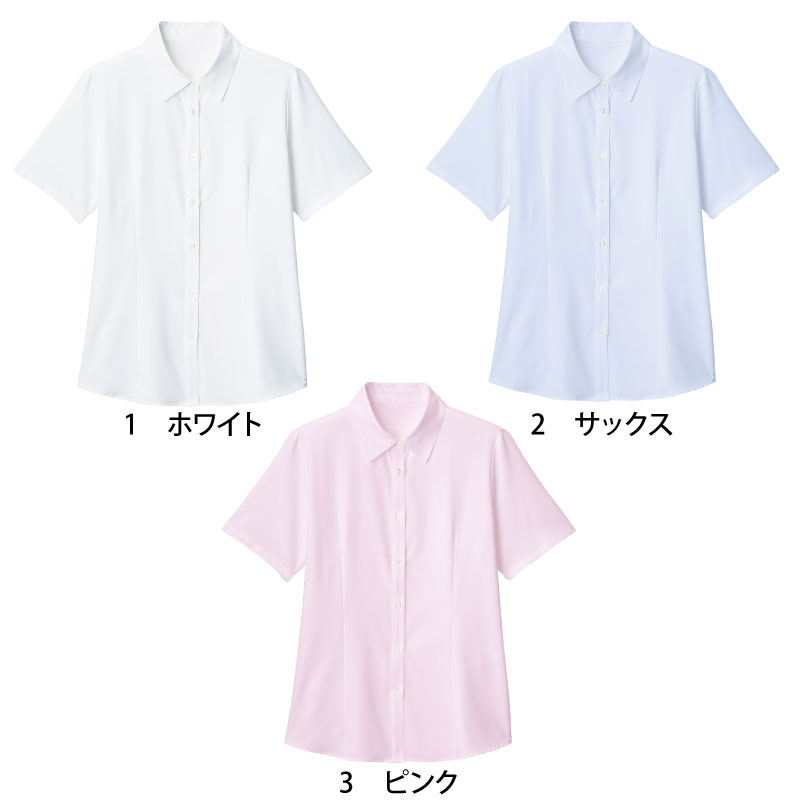 ブラウス シャツ 半袖 ホワイト サックス ピンク 白 青 レディース 女性用 大きいサイズ 速乾 事務服 フェミニン NUOVO ヌーボ FB71329 刺繍 プリント NUOVO ブラウス シャツ 半袖 ホワイト サックス ピンク