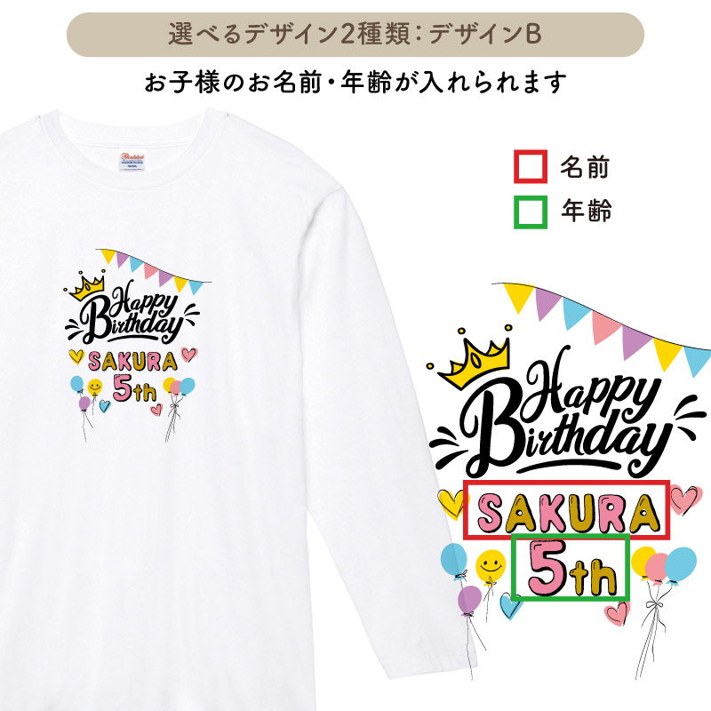 ロンT 長袖 バースデイ バースデー Tシャツ 誕生日 キッズ 日よけ 可愛い オリジナル プリント 誕生日 お祝い 名入れ LTE-B3