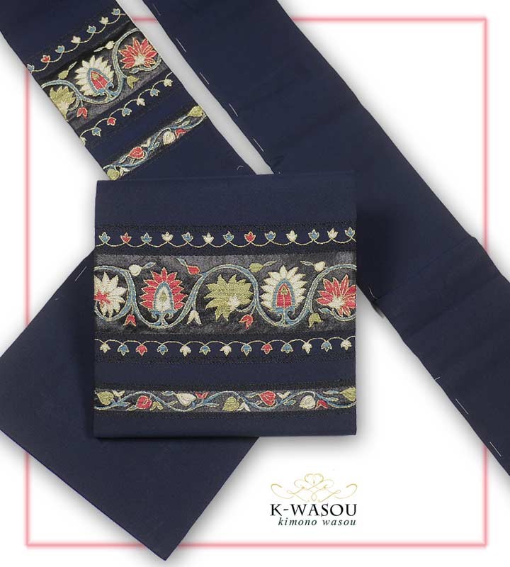 リサイクル 名古屋帯 織物 濃紺地に格調ある唐草文様 正絹名古屋帯の  