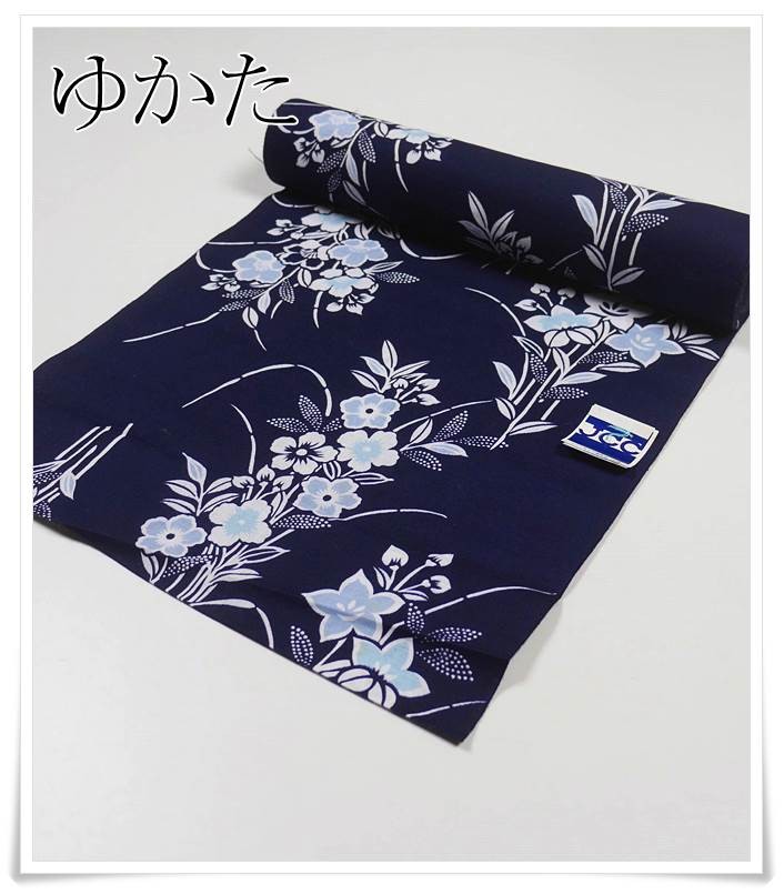 浴衣 反物綿 藍色 綿 夏反物 美品花柄きもの綿生地染め 教材用