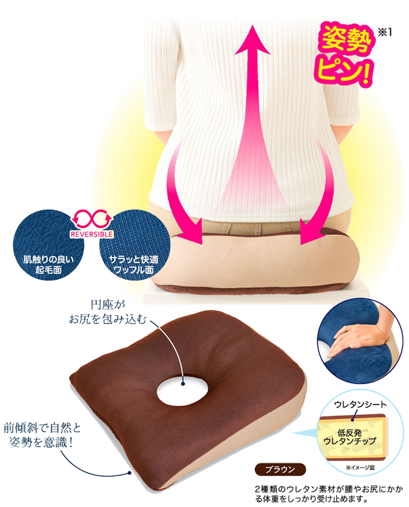 骨低反発 クッション あぐらクッション 骨盤 引き締め リバーシブル 美姿勢 サポート 座骨 負担 軽減 姿勢矯正 ウレタン 前傾斜 座るだけ 円座形状 背当て 車 
