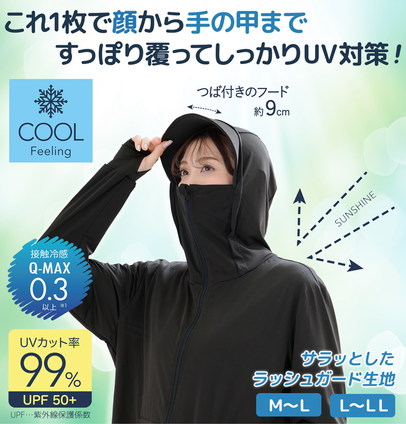 フェイスカバー付き ロング丈 パーカー uvカット 水陸両用 冷感 紫外線対策 日焼け防止 つば付き ひんやり ラッシュガード 夏 uv レディース 328548