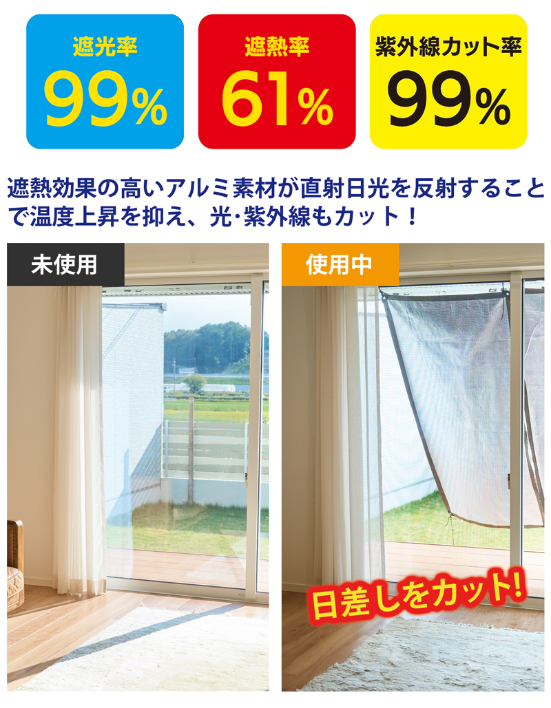 庭 目隠し サンシェード アルミ 遮光 遮熱 UVカット99％ 100×200cm 西