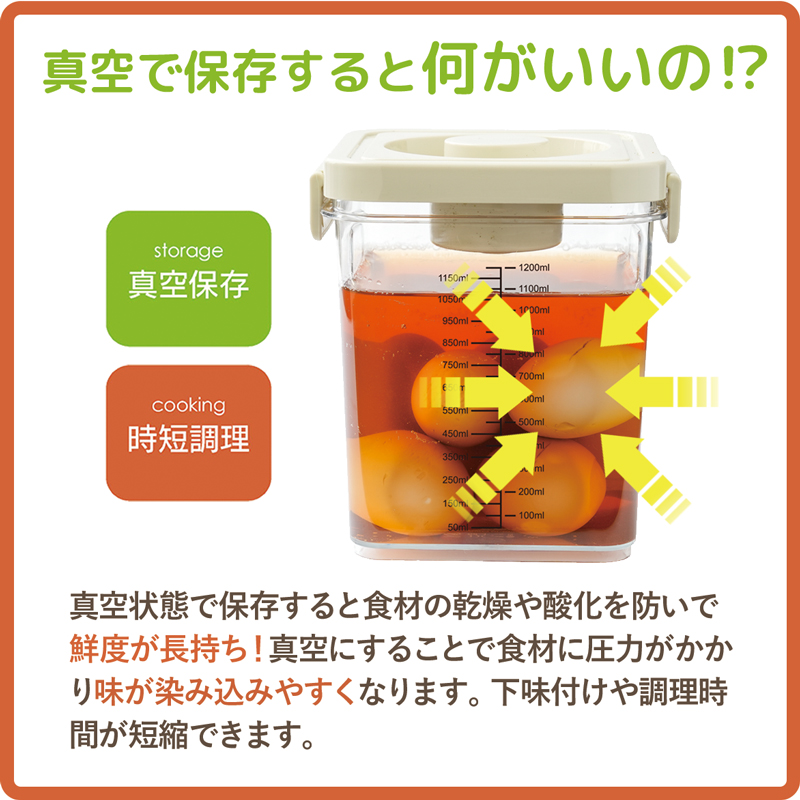 選べる2サイズ プッシュ式 真空保存容器 PET製 重なる 1200mL / 700mL
