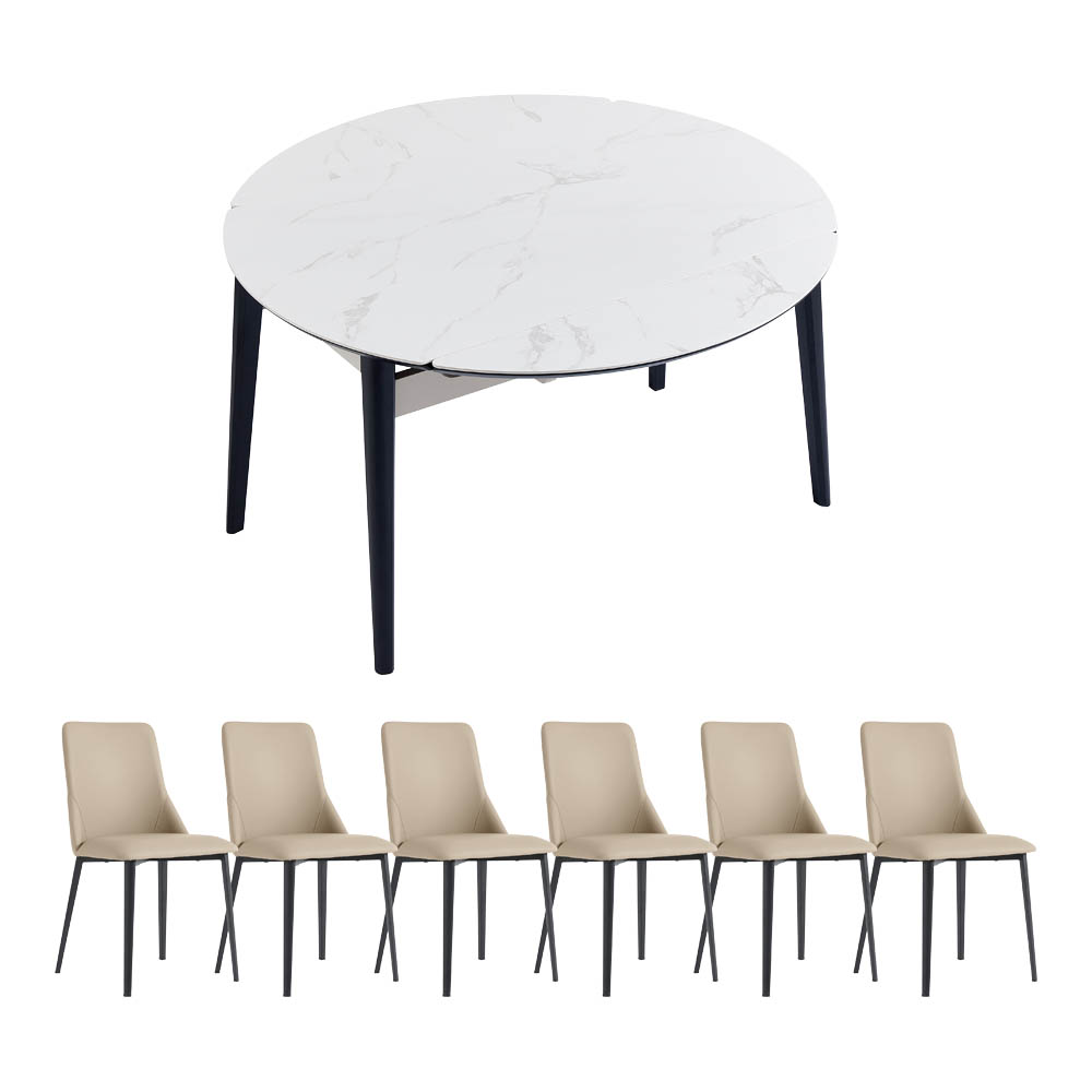 送料無料】伸縮式セラミック円形ダイニングテーブル＆チェア【7点