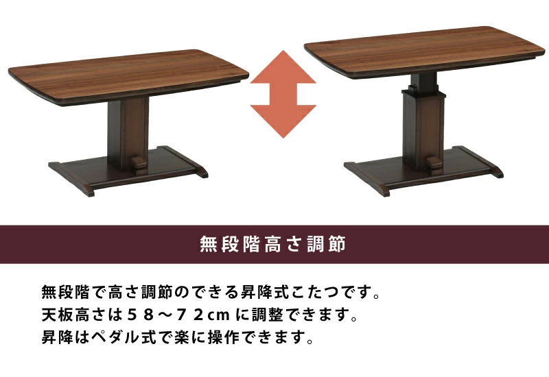 昇降式 こたつ 長方形 幅120cm 高さ58〜72cm 天板 ウォールナット突板