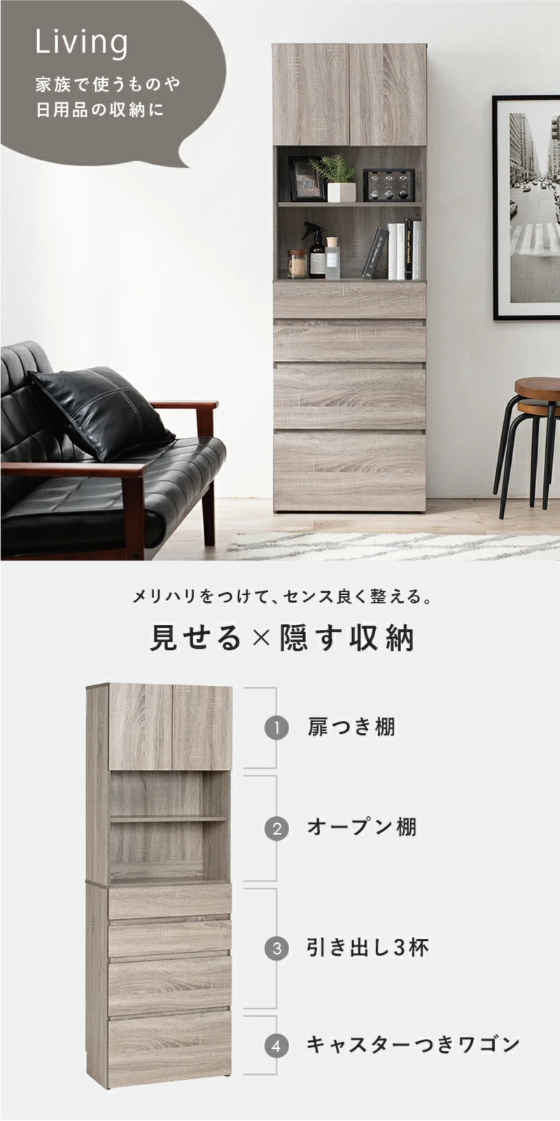 すき間収納 ハイタイプ 幅59cm 食器棚 ランドリーラック チェスト