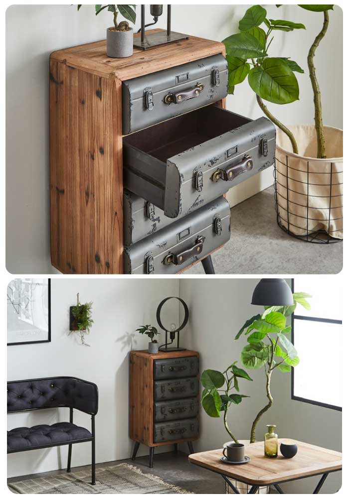 トランク風デザイン ボックスチェスト 幅50cm 4段 脚付き アンティーク