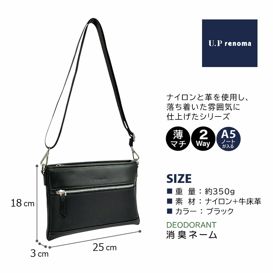 renoma メッシュショルダーバッグ グリーン/ブラック⚠️早い者勝ち最終値下げ U.P renoma ショルダーバッグ メンズ 小さい 横型 斜めがけ 肩掛け