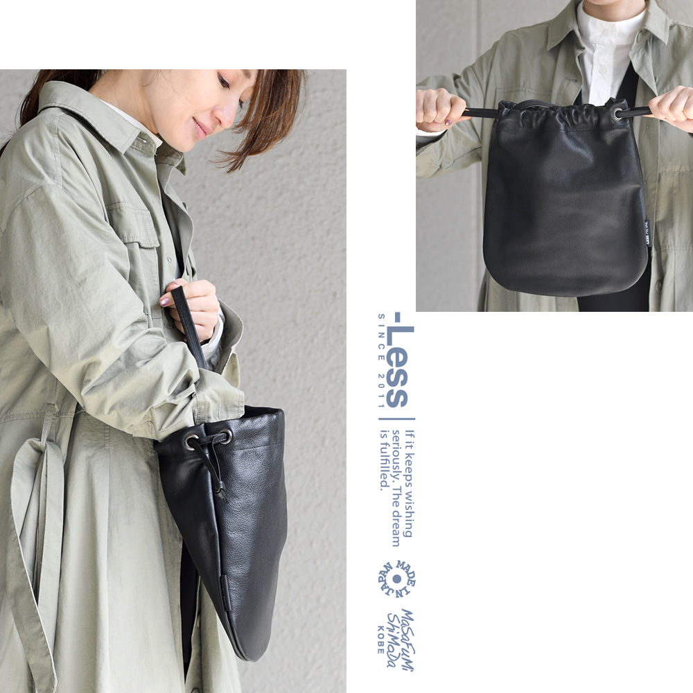 巾着バッグ 手提げ 薄マチ -LESS PREVAIL 日本製 本革 バッグ
