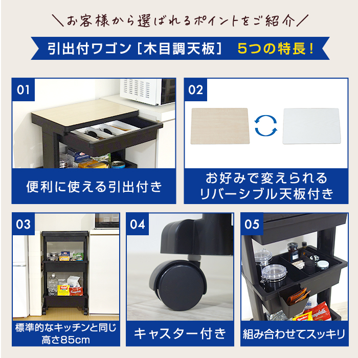 キッチンワゴン 収納ワゴン引出付 木目調 3段 キャスター付き 黒 ブラック サイドテーブル 雑貨収納 キッチン収納 リビング ランドリー 収納ケース 日本製 国産 | JEJアステージ | 03