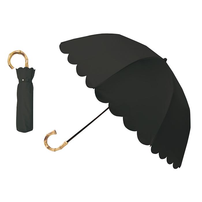 完全遮光2段折傘 日傘 傘 折りたたみ傘 深張り 晴雨兼用傘 UVカット 遮光率100% 遮熱 レディース フリル ドット 丸み ブラック 黒（送料無料）｜kabarock｜03