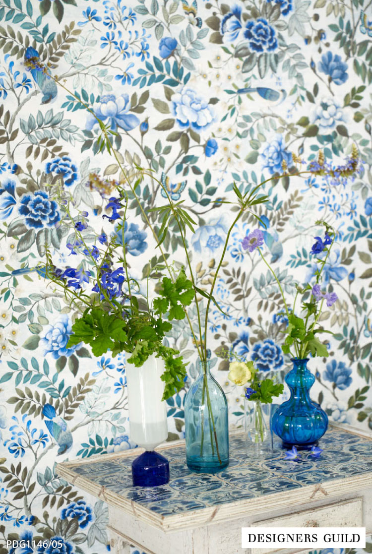 輸入壁紙 クロス テシード イギリス 花柄 フラワー 鳥 蝶 シノワズリ のりなし 壁紙 DESIGNERS GUILD (68.5cm×10m)  ［1ロール単位］