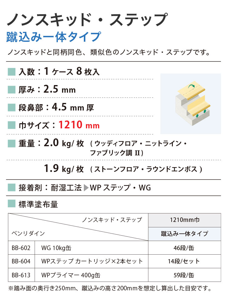 サンゲツ ノンスキッド・ステップ 蹴込み一体タイプ 1210mm巾 2.5mm厚 防滑性【1ケース/8枚入】PX-48014 PX-48204 PX-48694 PX-46204 PX-5704の画像