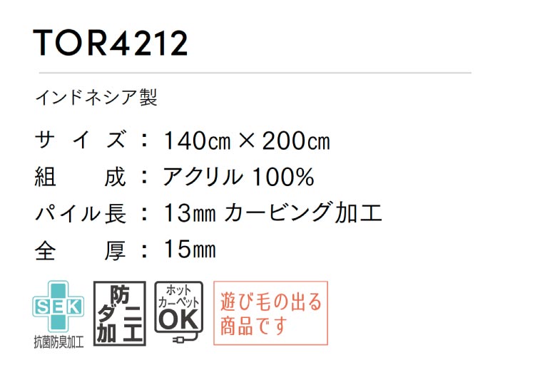 東リ ラグ 140×200 抗菌防臭加工 防ダニ 床暖 ホットカーペット対応 カーペット ダイニングラグ じゅうたん マルチカラー TOR4212