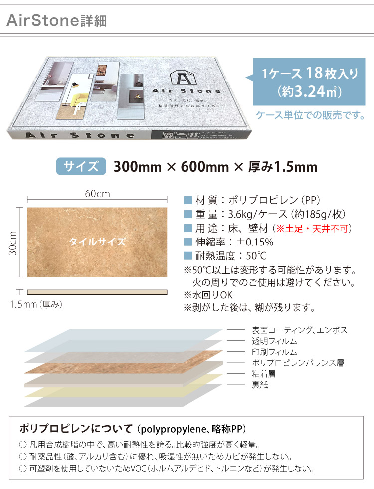 粘着剤付き 石目調 タイル 300×600 壁・床用 エアストーン のりつき